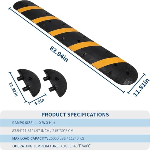 Image of 7 ft Rubber Speed Bump with 2 End Caps, 84 inch Speed Bumps for Driveway 1Pack | 25,000 Lbs Capacity Heavy Duty Speed Hump for Low Cars, RVs, Parking Lots, Residential Streets, Asphalt, Concrete, Gravel