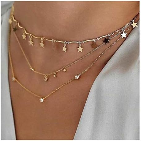 Chargances Bohemia Moon and Stars Necklace for Women Gold Laying Choker Necklace for Weeding Dating Prom Festival Delicate stars Moon Crescent Jewelry Gift for Women and Girls