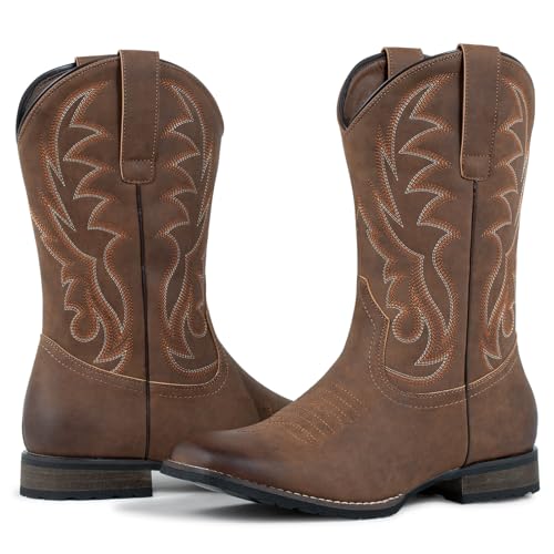 J's.o.l.e Cowboy Boots for Men Western Boots Wide Square Toe Men's Cowboy Boots Classic Embroidered with Pull On Slip Resistant Boots Brown2