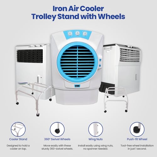 Image of Shop4Ever Cooler Stand | Heavy Duty Metal Adjustable Cooler Stand with 360 Rotating Wheels | Up to 120 KG Load Capacity | Rust-Resistant Base | Suitable for Room & Desert Coolers | White