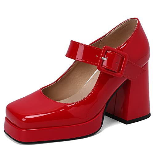 Women Square Toe Mary Jane Shoes Platform Patent Leather Pumps