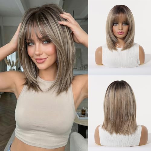 Esmee Short Straight Synthetic Blonde Ombre for Women with Bangs- 12IN