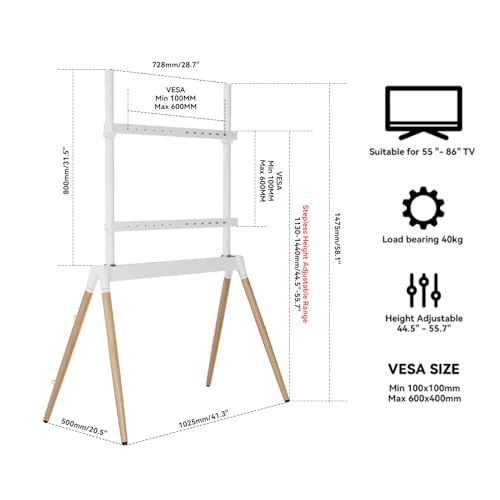 Image of Audiovan Tripod TV Stand Wooden for 55-86 Inch,Floor (Height - 1455) 100x100-600x400 VESA Corner with Mount /Easel Floor Standing (White, 55-86 Inch)