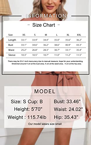 Byinns Women's Summer V Neck Casual Button Belted Rompers Short Sleeve Wrap Beach Short Jumpsuits With Pockets Gray Orange #TOP5