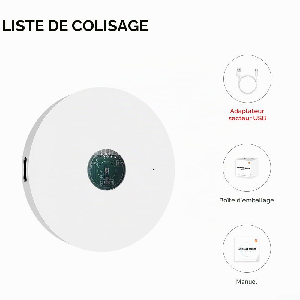 SPORTARC Capteur de lumière, capteur de luminance pour maisons intelligentes, compatible TUYA WiFi/ZigBee, ajustement automatique des niveaux de lumière, blanc, 1 unité