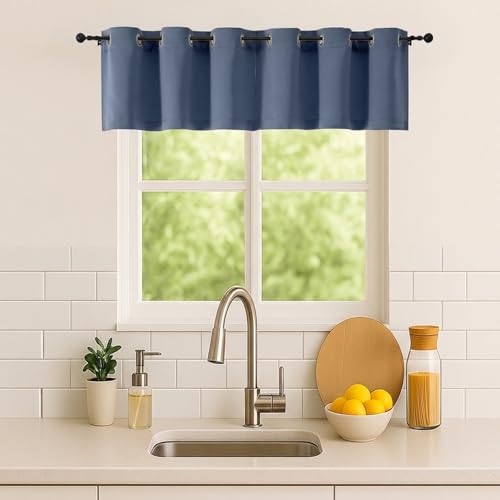 Image of Simplebrand Denim Window Valance for Kitchen 14 Inches Long 2 Panels Set, Room Darkening Valance Curtains for Living Room, Grommet Short Privacy Kitchen Curtains for Bedroom Kids Room, 40Wx14L