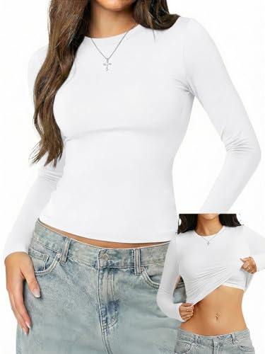 Danysu Womens Bulit in Bra Double Lined Nylon Long Sleeve Tops Crew Neck High Stretchy Fitted Fall Fashion Shirts 2025 Angle White M