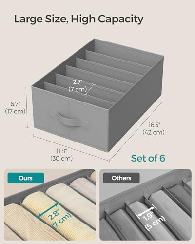 Image of SONGMICS Set of 6 Large Size Wardrobe Clothes Organizers, Dove Gray | 6-Compartment Foldable Drawer Organizers with Handles, 16.5 x 11.8 x 6.7 Inches, for Pants, Sweaters, Jeans URUS009G03