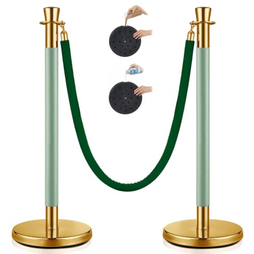 Wesiti 2 Pcs Gold Green Stainless Steel Stanchion Post Queue with Crown Top 5 ft and Velvet Rope and Poles Crowd Control Barriers Sand Injection Hollow Base and Velvet Ropes Set