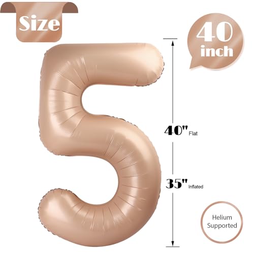 Image of Light Brown 5 Balloon, Tan Number Balloons 40 Inch, Beige 5th Birthday Balloon Decorations, Light Brown Party Supplies, 5 Number Balloons, Number 5 Balloon
