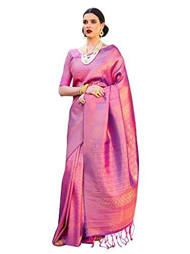 AKHILAM Women's Woven Design Kanjivaram Banarasi Silk Saree With Unstitched Blouse Piece (Kmbh123002) Free Size Magenta
