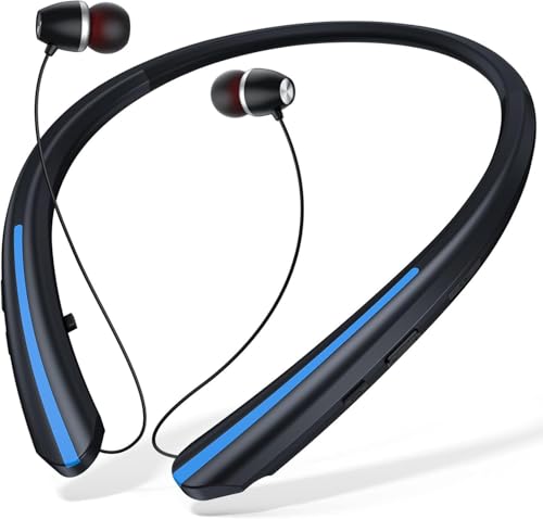 MOCANIO Neckband Bluetooth Headphones, 24H Battery with Auto-Retractable in-Ear Earbuds, HiFi Stereo Sound & Hybrid Active Noise Cancelling for Sports, Gym, Running, Workout, Hands-Free Calling（Blue）