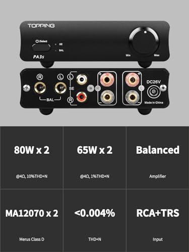 Image of Topping PA3S Power Amplifier MA120702 x 2 Class D Fully Balanced Single Ended AMP 80W x 2 RCA TRS Stereo Home Audio Amplifier (Black)