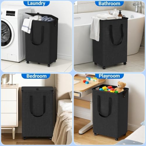 Laundry Basket with 5 Wheels, Rolling Laundry Hamper, 90L, Deep Gray - image 9