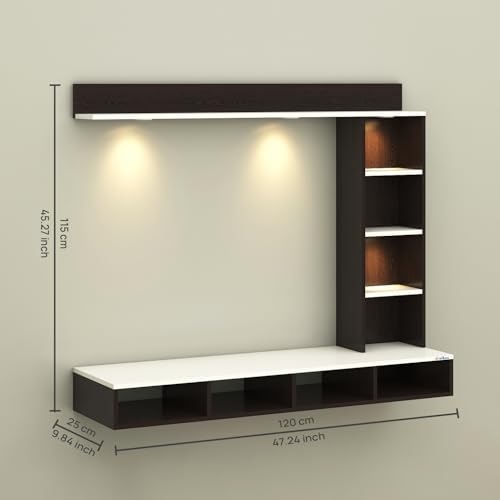 Image of Anikaa Briza Engineered Wood Wall Mounted TV Unit with 4 LED Lights, 9 Open Display Boxes & Shelf Design for Living Room | Ideal for Upto 43 Inch TV- Wenge /White(DIY Installation)