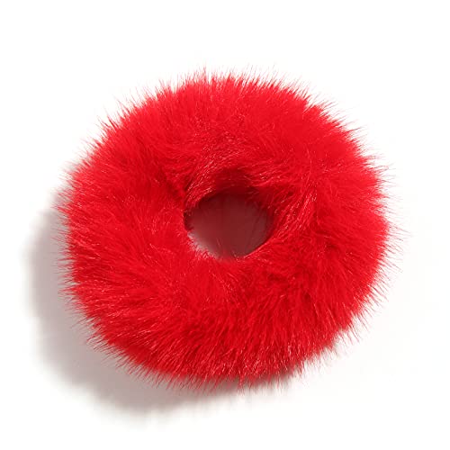 2 Pcs Women Furry Elastic Faux Rabbit Hair Scrunchies Fluffy Ponytail Holder Pompom Ball Hair Bands Ties For Girl Hair Accessories (Red) #TOP2