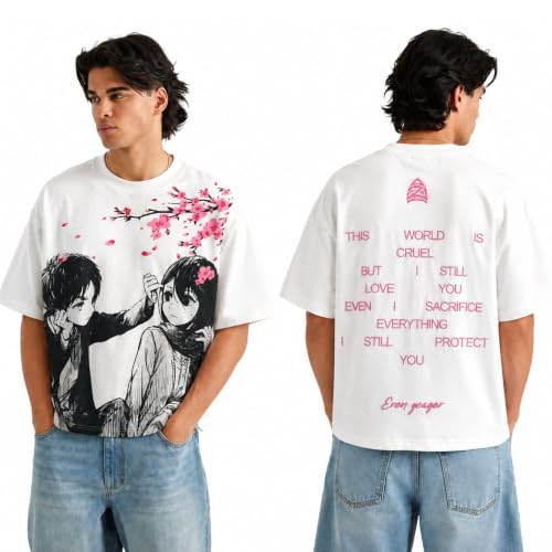 Image of Anime Printed Oversized Cotton Casual Round Neck T-Shirt for Men and Boys | Sharp, Eren yeagear & Mikasa akerman Japanese Streetwear Aesthetics