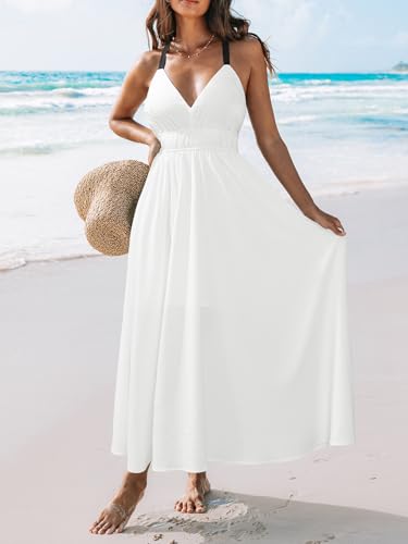 Image of CUPSHE Women 2026 Summer Beach Maxi Dress Plunge V Backless Cami Strape Smocked Waist Sun Dress Long Wedding Guest Dress
