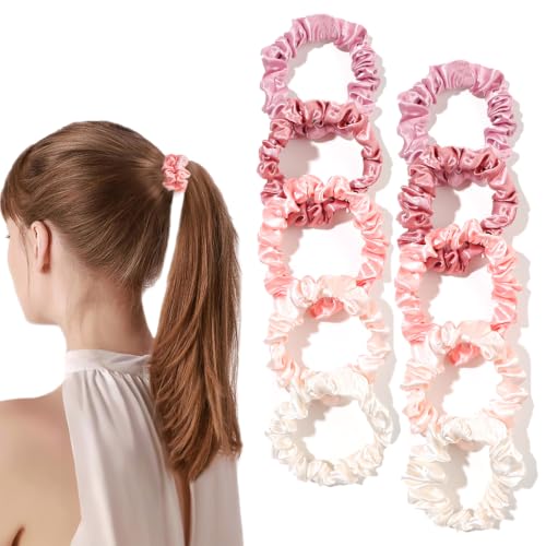 Image of Silk Hair Ties Satin Scrunchies - Small Mini Scrunchy for Women Thick Hair Accessories Cute Soft No Slip Hair Elastics Ponytail Holder for Curly Hair No Damage Hairties Gift for Girls