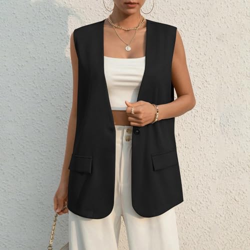 Womens Vest Top Trendy Button V Neck Summer Long Suit Vest with Pockets Dressy Casual Sleeveless Blazer Tops3