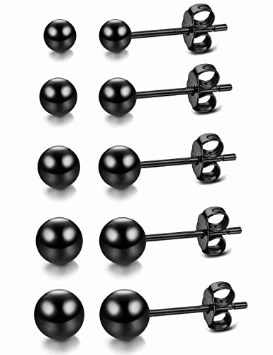 Sllaiss 5 Pairs 925 Sterling Silver Tiny Ball Earrings for Women Men Round Black Ball Stud Earrings Set Hypoallergenic Cartilage Piercing Assorted Sizes 2mm 3mm 4mm 5mm 6mm