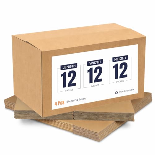 Image of Generic 5-Ply Corrugated Cardboard Box for Packaging | 12 inchx12 inchx12 inch | Brown | Pack of 4 | Kraft Material | for Shipping, Moving & Storage