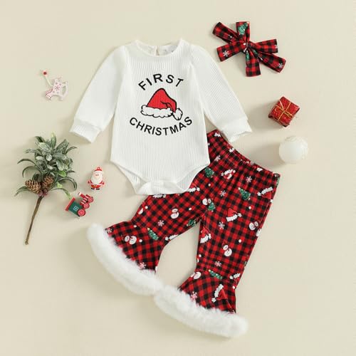 My First Christmas Baby Girl Outfit Newborn Long Sleeve Romper Santa Flare Pants Headband 3Pcs Cute Xmas Clothes3