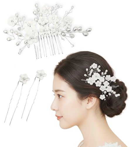 髪飾り ヘアアクセサリー コーム Uピン 花 結婚式 成人式 ひな祭り 卒業式 入学式 七五三 発表会 謝恩会 和装 着物 浴衣 袴 演奏会 ドレス 振袖 白 陶器 マット [Toteca]_h6（Amazon）