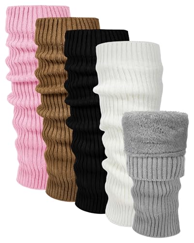 Chuarry 5 Pairs Women Fleece Lined Leg Warmers Warm Long Boot Socks Knit Thick Calf Warmers for Winter Ice Skating Daily Wear