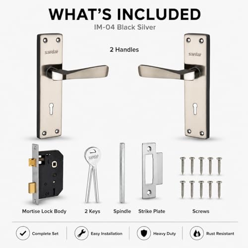 Image of SARDAR Black & Silver 7 Inch Iron Mortise Door Handle Lock Set for Main Door & Bedroom | Heavy Duty Complete Fitting Set | IM-04BS