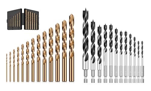 Image of MACXCOIP 13 Pcs Cobalt Drill Bit Set & 12Pcs Brad Point Wood Drill Bit Set