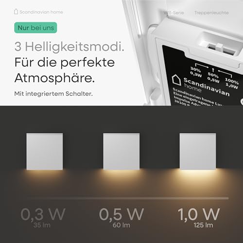 Scandinavian home 3er Set LED Treppenbeleuchtung Außen/Innen I Helligkeit einstellbar I IP65 230V 1W Warmweiß 3000K 125lm I Treppenlicht, Treppenstufenbeleuchtung, Treppenleuchte, Wandeinbauleuchte