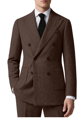 Retro Tweed Men's Suit Herringbone 2 Piece Slim Fit Double Breasted Suits Prom Wedding Tuxedo Jacket Blazers Pants for Men