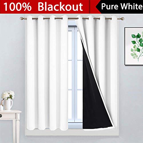 Image of Yakamok Pure White 100% Blackout Curtains 45 Inches Long 52 inch Wide 2 Panel | Blackout Curtain Panels for Bedroom, 2 Thick Layers Grommet Top Thermal Insulated Drapes with Black Liner for Living Room