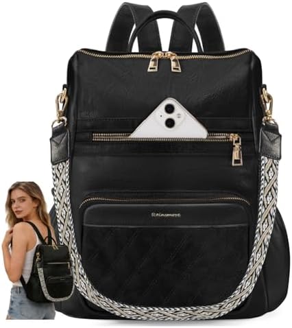 RAINSMORE Backpack Purse for Women, Small Leather Back Pack Purse, Quilted Ladies Backpack with Convertible Strap for Travel, Work Black