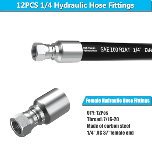 Image of 12PCS 1 /4 inch JIC 37 Female Hydraulic Hose Fittings, Hydraulic Hose Crimp Fitting Ends for Air Hose Repair Kit