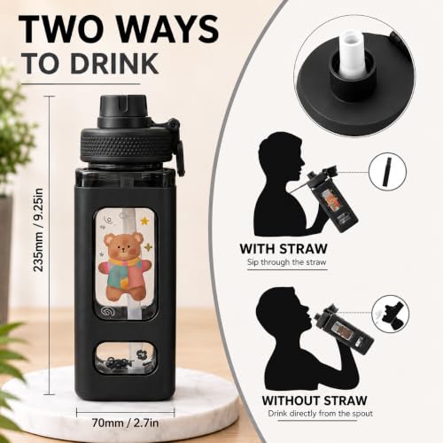 Image of Kawaii Water Bottle with Straw and Sticker, Kawaii Bear Water Bottle, Large Sport Plastic Portable Square Drinking Bottle for Girl, Cute Juice Tea Water Cups, 700 ML (BLACK)