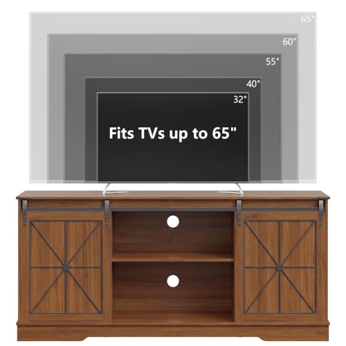 Image of Farmhouse TV Stand for 65 /60 /55 Inch Tvs, Rustic Entertainment Center with Storage Cabinets & Sliding Barn Doors, Modern Media Console Table, Wood Television Furniture for Living Room, Bedroom, Walnut