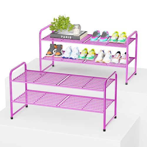Image of 2 Pack Shoe Rack, 2-Tier Metal Stackable Shoe Shelf Storage Organizer, Heavy Duty Wire Shoe Stand for Entryway, Closet, Hallway, Holds 50 LBS, Pink