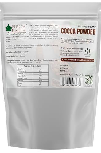 Bliss of Earth 250gm Naturally Organic Dark Cocoa Powder For Chocolate Cake Making & Chocolate Shake, Unsweetened