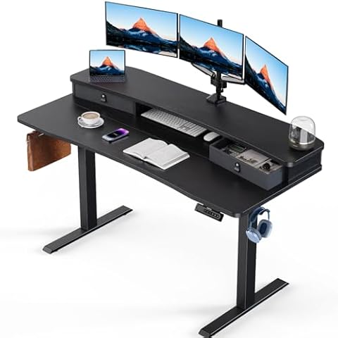 HUANUO 55″ x 26″ Electric Standing Desk with 2 Drawers, C-Clamp Mount Compatible, Height Adjustable Computer Desk, Home Office Stand Up Desk with 4 Preset Heights & 2 Hooks, Black Cover