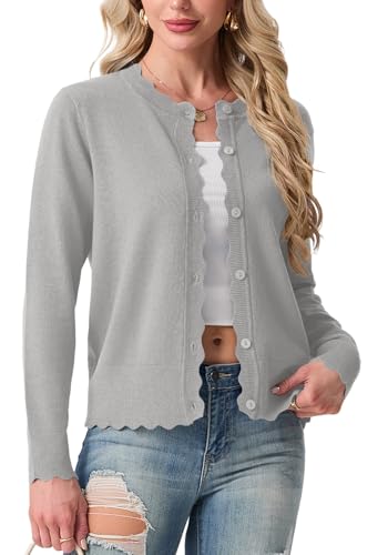 GRECERELLE Women's Lightweight Gray Cardigan Classic Button Down Long Sleeve Knit Dressy Casual Sweaters