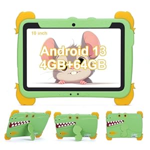 C idea 10.1 Inch Kids Tablet, Android 13, 4GB RAM+64GB ROM+1TB Expand, 1280 * 800 FHD,8MP+5MP Dual Camera, 6000mAh, Parental control, WiFi, Bluetooth, Children Tablets with Tablet case (Green)