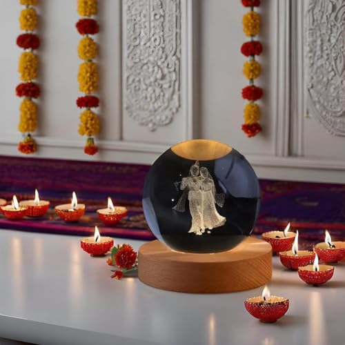 Image of STARKENDY3D Radha Krishna Crystal Ball LED Night Lamp, Creative Engraved Night Light Wooden Base, Warm White Decorative Table Lamp for Home, Office, Bedroom, Birthday Gift
