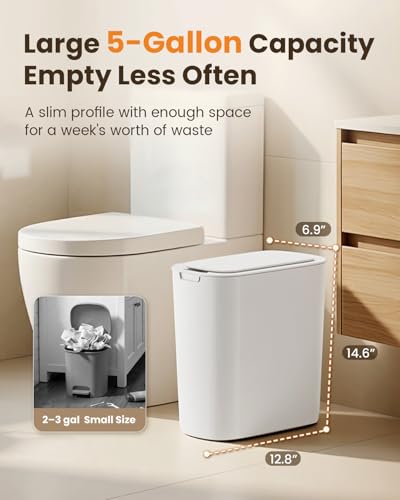 Image of Cesun 5 Gallon Automatic Bathroom Trash Can with Lid, White, Touchless