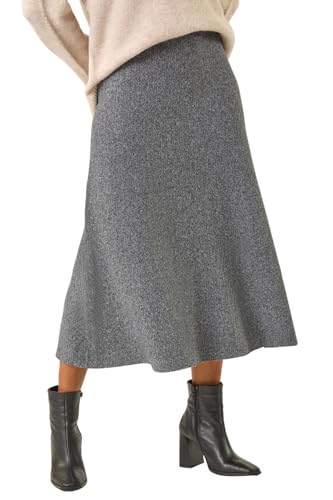 Roman Knitted Skirt for Women UK Ladies Midi Maxi Full Length Winter Autumn A-Line Swing Pull On Smart Casual Work Office Elasticated Waist Flattering Knit Knitwear - Grey - Size 16