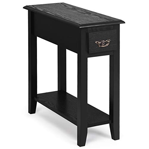Tangkula Narrow End Table, Slim Side Table with Drawer and Open Shelf, Small End Tables for Small Spaces, Narrow Nightstand Bedside Table for Living Room Bedroom, 9.8 x 23.6 x 23.6 inches (1, Black)