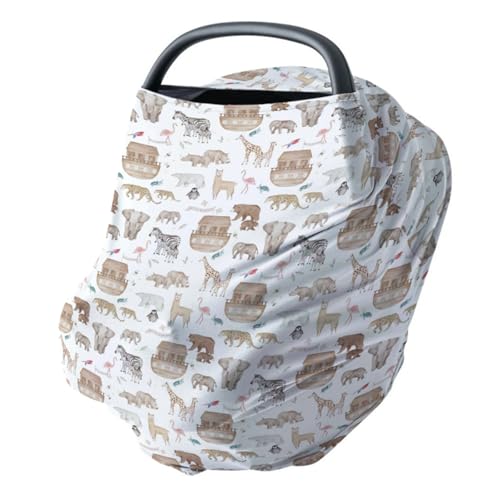 Image of HawSkgFub Noah’s Ark Animal Boat Religious 5-in-1 Car Seat Cover Baby Boy Girl Gift Elephant Bear Giraffe Rhino Ship Privacy Breastfeeding Nursing Cover Newborn Infant Multi-use Carseat Canopy Carrier
