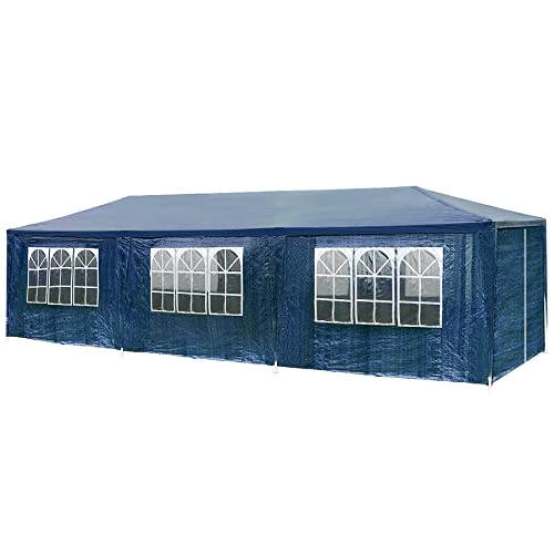 tectake 3x9 m Pavillon, Gartenpavillon mit 8 abnehmbaren Seitenteilen und 6 Fenstern, Partyzelt mit wasserdichter Plane mit UV-Schutz, Zelt für Garten Fest Party Event Hochzeit Festival (Blau)