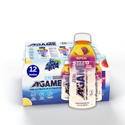 A-GAME Zero Sugar Sports Drink, Tropical Zero,Ultimate Sugar Free Hydration, 8 Essential Vitamins: B,C & E, Sea Salt Electrolytes,Natural Flavors, Gluten Free, Keto Friendly, 16.9 Fl Oz (Pack of 12)